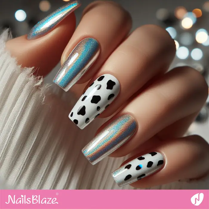 Silver Holographic Nails with Dalmatian Print Design | Animal Print Nails - NB1966